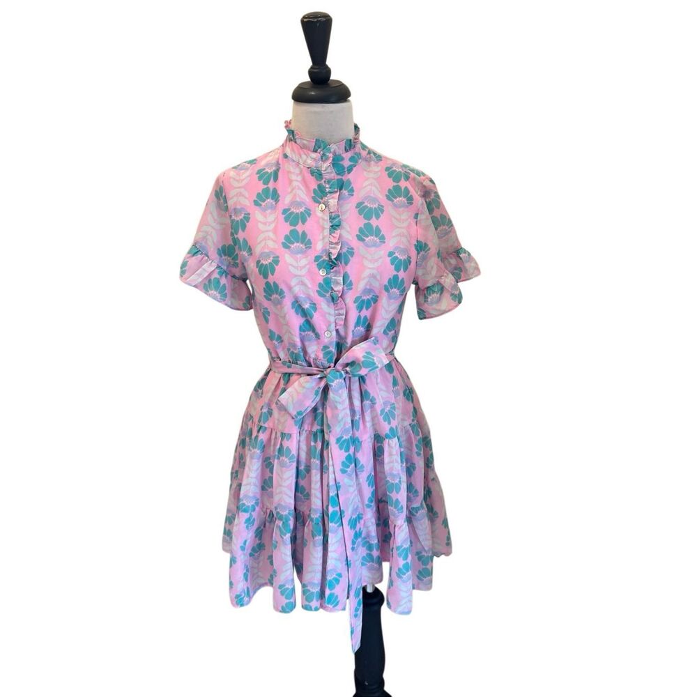 J. Marie Women's Floral Ruffle Tie Belt Button Front Tiered Dress Pink Multi XS